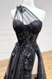 kamahe One Shoulder Black Lace Prom Dresses, One Shoulder Black Lace Formal Evening Dresses