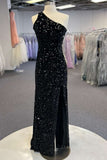 kamahe One Shoulder Black Sequins Mermaid Long Prom Dresses, Black Sequins Mermaid Long Prom Dresses