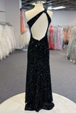 kamahe One Shoulder Black Sequins Mermaid Long Prom Dresses, Black Sequins Mermaid Long Prom Dresses