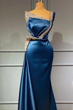 kamahe One Shoulder Blue Beading Sequns Long Mermaid Prom Dress