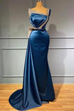 kamahe One Shoulder Blue Beading Sequns Long Mermaid Prom Dress