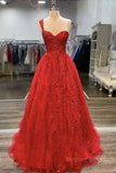 kamahe One Shoulder Open Back Red Lace Long Prom Dresses, Sweetheart Neck Red Lace Formal Dresses, Red Evening Dresses