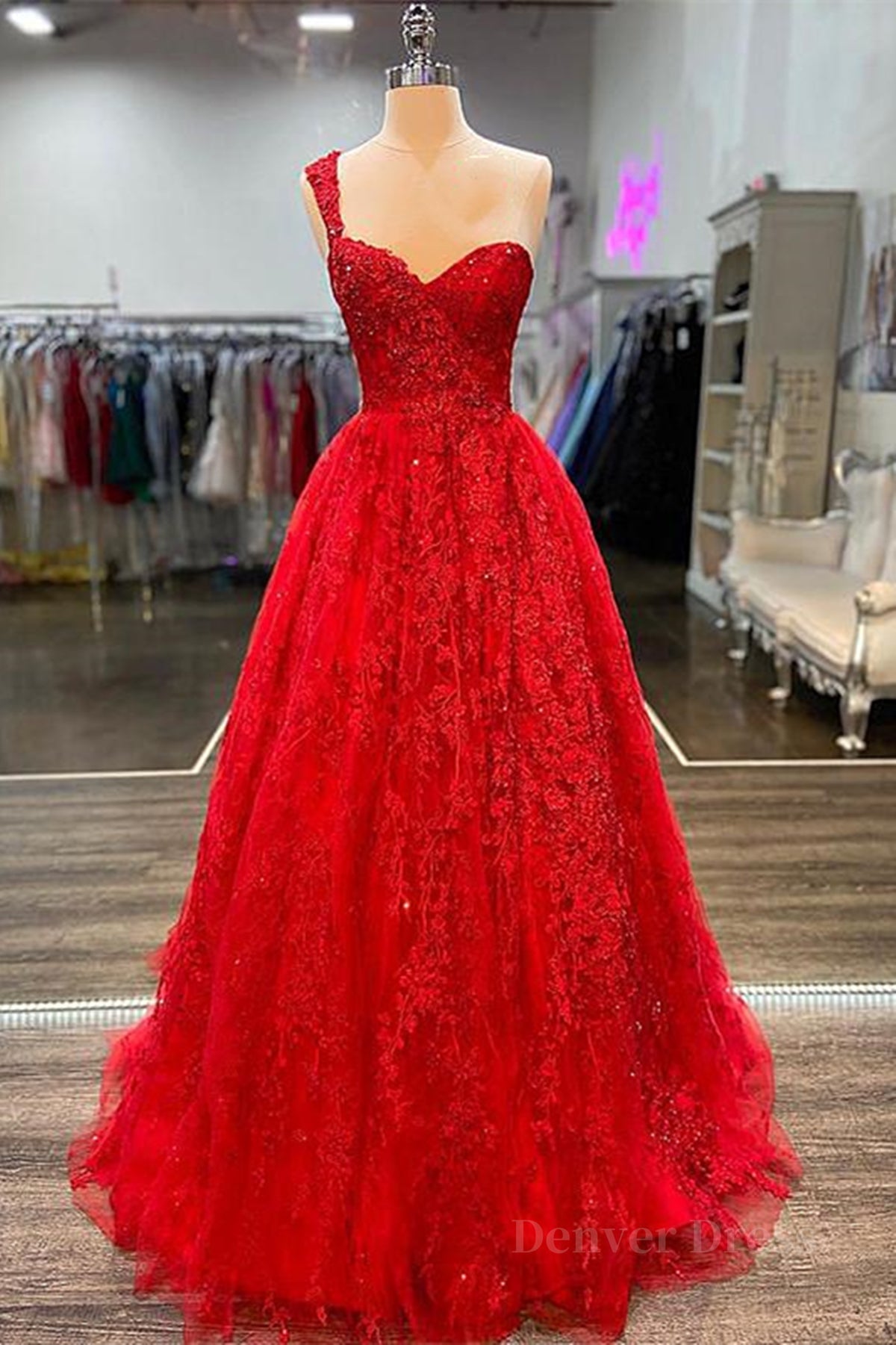 kamahe One Shoulder Red Lace Prom Dresses, One Shoulder Red Lace Formal Evening Dresses