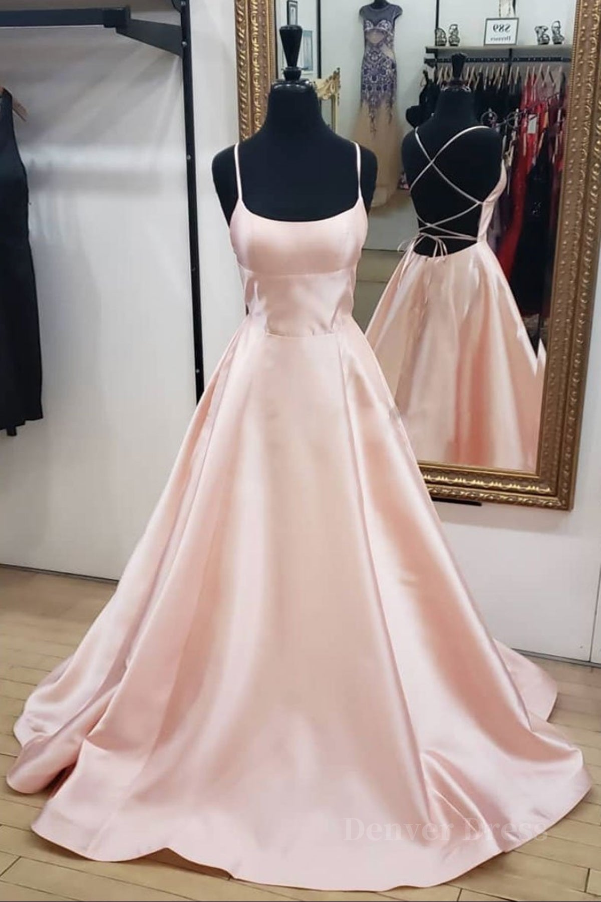 kamahe Open Back Pink Satin Long Prom Dresses, Backless Pink Satin Long Formal Evening Dresses