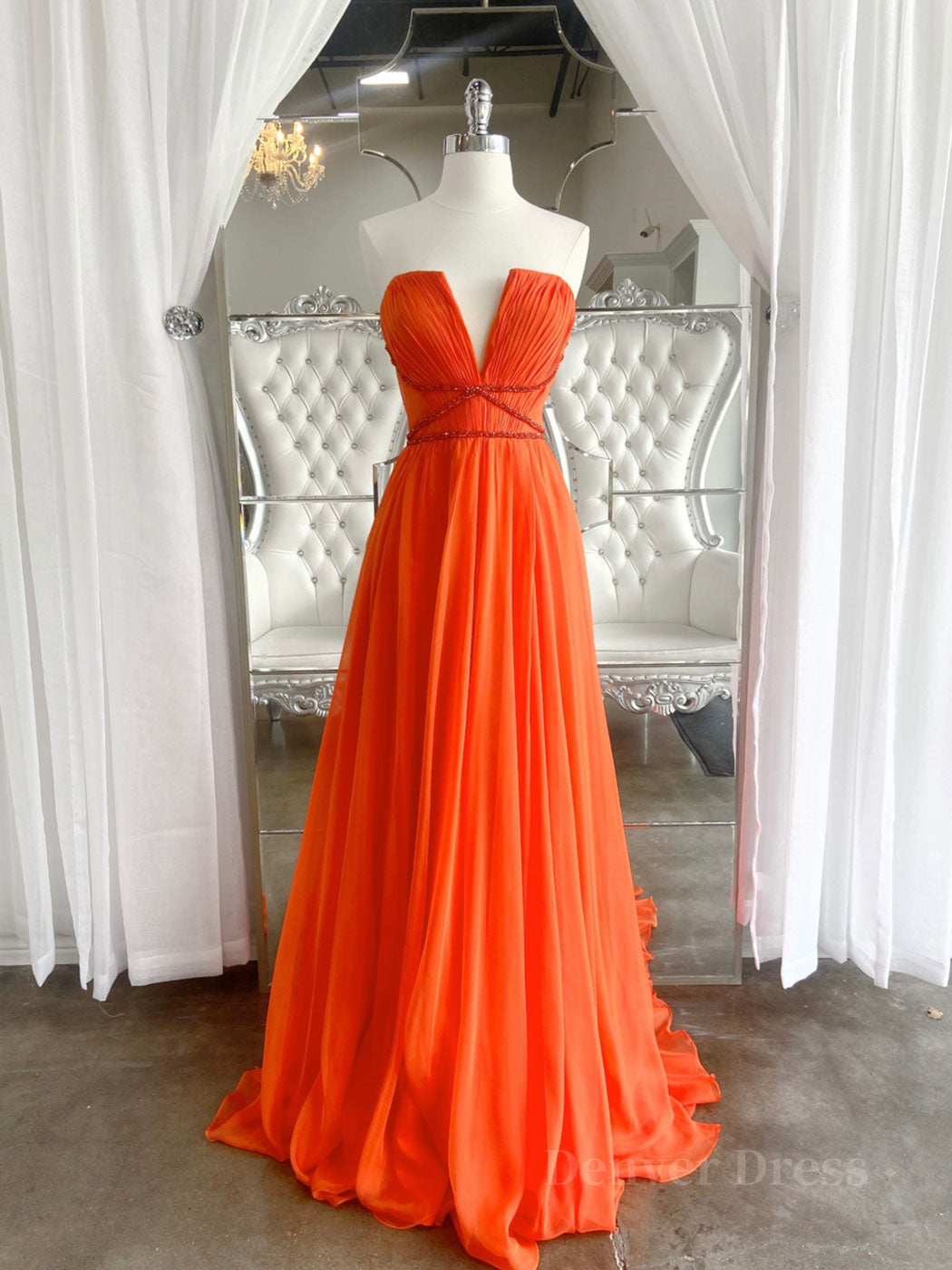 kamahe Orange Aline chiffon long prom dress, orange long evening dress