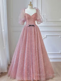 kamahe Pink A-line tulle lace long prom dress, pink lace formal dress