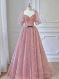 kamahe Pink A-line tulle lace long prom dress, pink lace formal dress