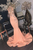 kamahe Pink Floral Appliques V-neck Halter Floor Length Mermaid Prom Gowns