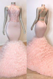 kamahe Pink Halter Sleeveless Mermaid Prom Dresses New Arrival Chic Open Back Lace Tulle Evening Gowns