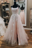 kamahe Pink Lace Appliques A Line Open Back Tulle Long Prom Dresses, Pink Lace Formal Graduation Evening Dresses