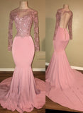 kamahe Pink Long-Sleeves Backless Beaded Mermaid Charming Prom Dresses