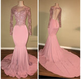 kamahe Pink Long-Sleeves Backless Beaded Mermaid Charming Prom Dresses