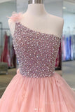 kamahe Pink one shoulder beads long prom dress pink evening dress