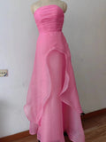 kamahe Pink Prom Dress Tulle Evening Gown Strapless Ruffles A-line Simple Prom Dresses For Teens