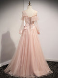 kamahe Pink round neck tulle lace long prom dress, pink lace bridesmaid dress