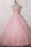 kamahe Pink round neck tulle lace long prom dress pink tulle formal dress