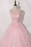 kamahe Pink round neck tulle lace long prom dress pink tulle formal dress