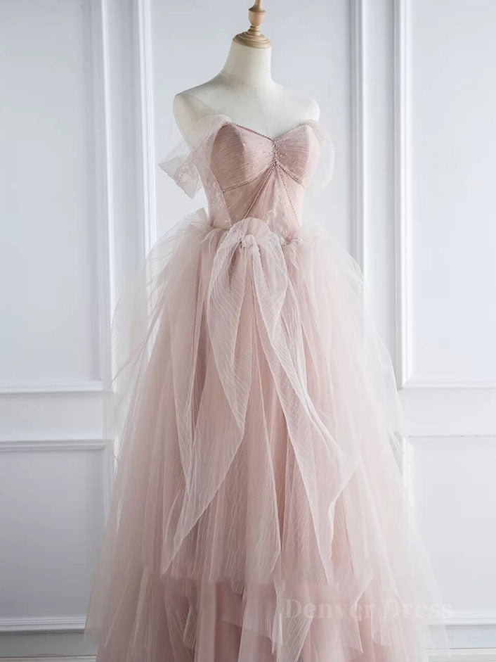 kamahe Pink sweetheart tulle long prom dress, pink tulle formal dress