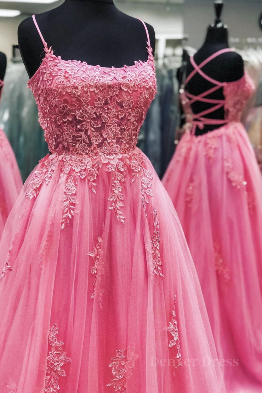 kamahe Pink Tulle Backless Lace Floral Long Prom Dress, Pink Lace Formal Dress, Pink Evening Dress