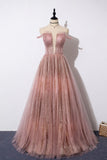 kamahe Pink tulle lace long prom dress pink tulle formal dress