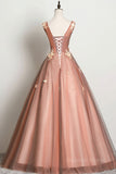 kamahe Pink v neck tulle lace long prom dress pink tulle formal dress