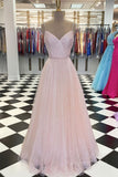 kamahe Pink v neck tulle sequin long prom dress pink tulle formal dress