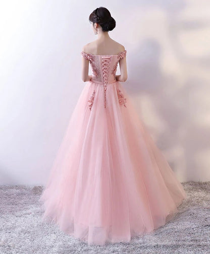 Solvbao Elegant Pink Flower Lace Applique Long Tulle Prom Dress, Pink Party Gown