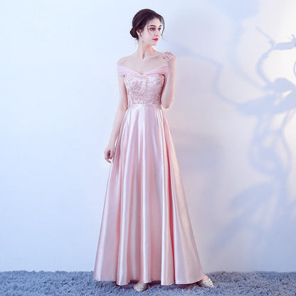 Solvbao Pink Off Shoulder Lace and Satin Evening Dress, Pink Long Prom Dresss