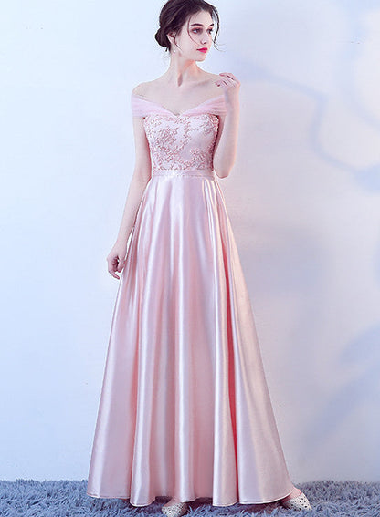 Solvbao Pink Off Shoulder Lace and Satin Evening Dress, Pink Long Prom Dresss