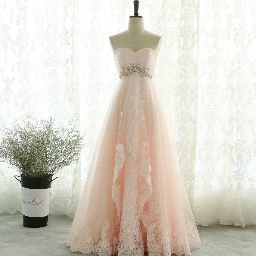 Solvbao Pink Sweetheart Lace and Beaded Long Prom Dress, Pink Tulle Evening Dress