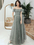 Solvbao Light Green Off Shoulder Long Formal Dress, Green A-line Prom Dress