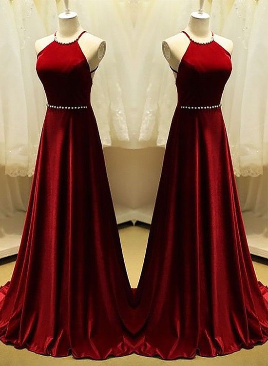 Solvbao A-Line Halter Sleeveless Cross Back Velvet Long Red Gown, Red Formal Dress