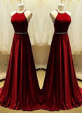 Solvbao A-Line Halter Sleeveless Cross Back Velvet Long Red Gown, Red Formal Dress