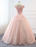 solvbao Pink Sweetheart Off Shoulder with Lace Long Sweet 16 Dress, Pink Formal Dress