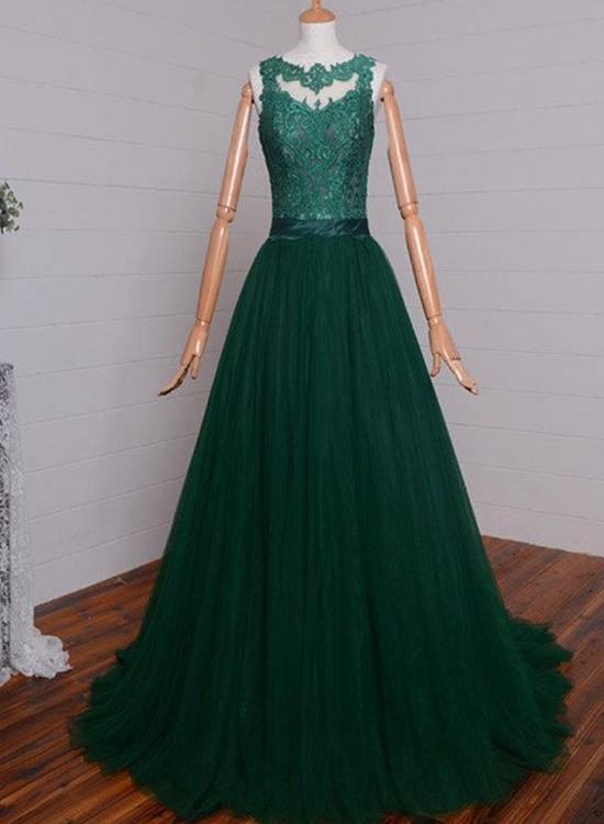 Solvbao Dark Green Tulle with Lace Applique Long Prom Dress, A-line Evening Dress, Formal Dress