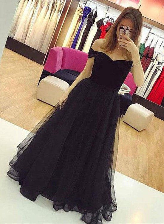 Solvbao Black Velvet and Tulle Long Formal Dress, Off the Shoulder Party Dress, Black Evening Dress