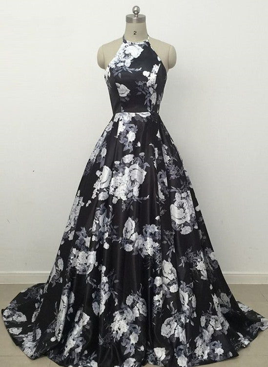 Solvbao Charming Black Floral Satin Halter Long Formal Dress, Junior Prom Dress