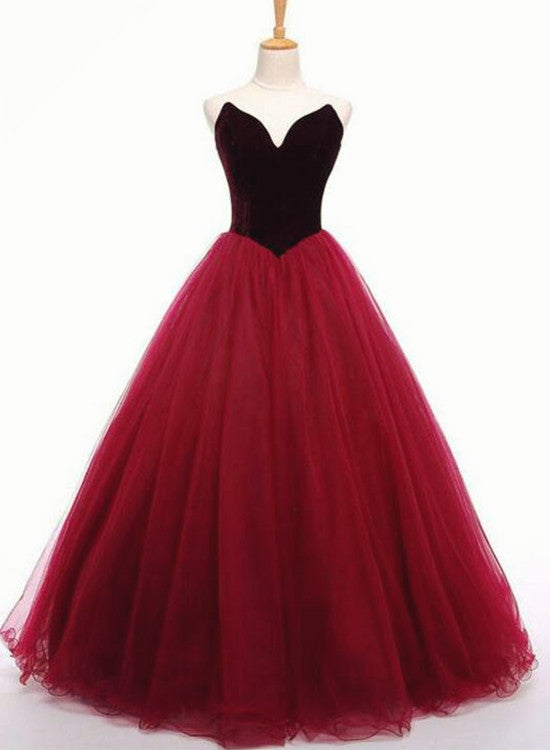 Solvbao Tulle and Velvet Burgundy Long Party Gown, Tulle Gowns, Junior Prom Dresses