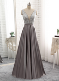 solvbao Sparkle Beaded Top with Grey Satin Skirt Long Party Dresses, Grey Prom Dress , Formal Dresses