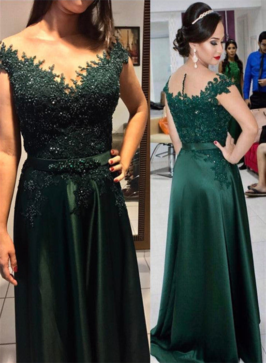 solvbao Green Satin and Applique A-line Evening Gowns, Green Beaded Long Formal Dresses, Prom Dress