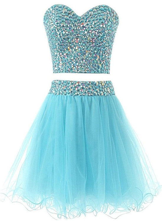 solvbao Light Blue Sparkle Beaded Two Piece Homecoming Dresses, Beautiful Short Party Dress