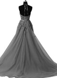 solvbao Grey Halter Lace Applique Tulle Formal Gowns, Grey Party Dresses, Prom Gowns, Formal Dresses