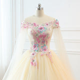 solvbao Light Champagne Off Shoulder Tulle with Flowers Formal Gown, Long Sweet 16 Dress