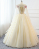 solvbao Light Champagne Off Shoulder Tulle with Flowers Formal Gown, Long Sweet 16 Dress