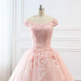 solvbao Pink Sweetheart Off Shoulder with Lace Long Sweet 16 Dress, Pink Formal Dress