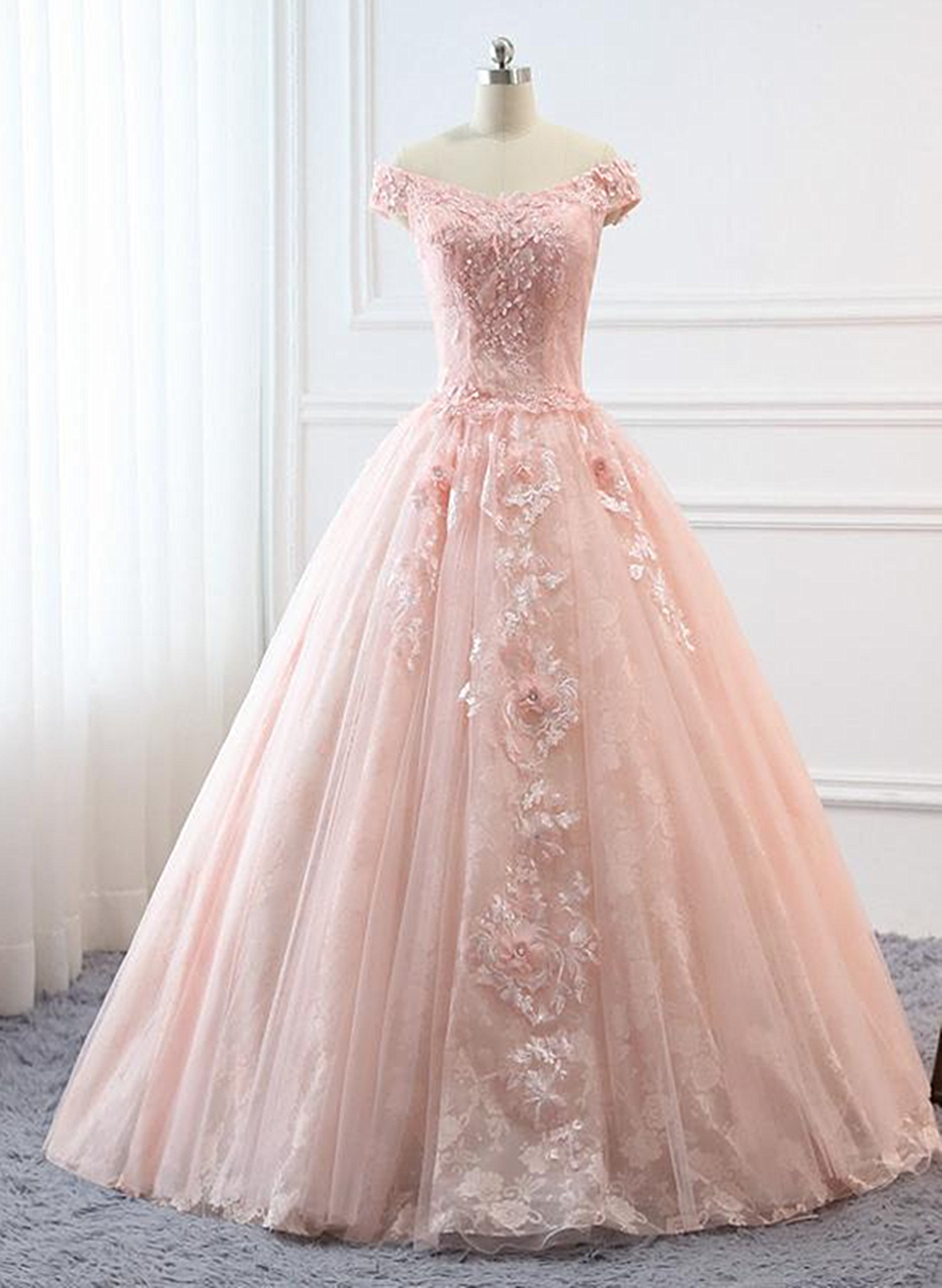 solvbao Pink Sweetheart Off Shoulder with Lace Long Sweet 16 Dress, Pink Formal Dress