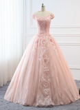 solvbao Pink Sweetheart Off Shoulder with Lace Long Sweet 16 Dress, Pink Formal Dress