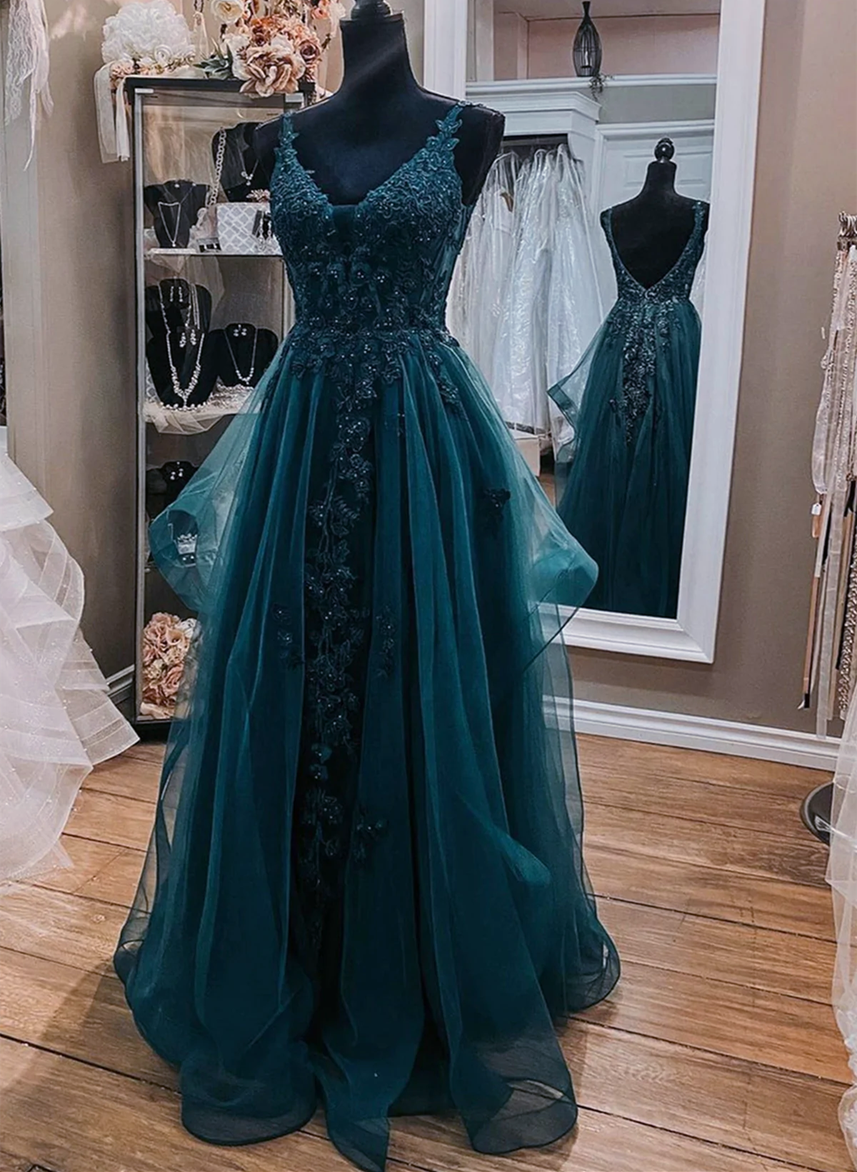 Solvbao Teal Blue Tulle V-neckline Long Party Dress with Lace, Teal Blue Long Prom Dress