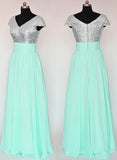 Solvbao Mint Green and Sequins Long Bridesmaid Dresses, Pretty Cap Sleeves Floor Length Wedding Party Dresses