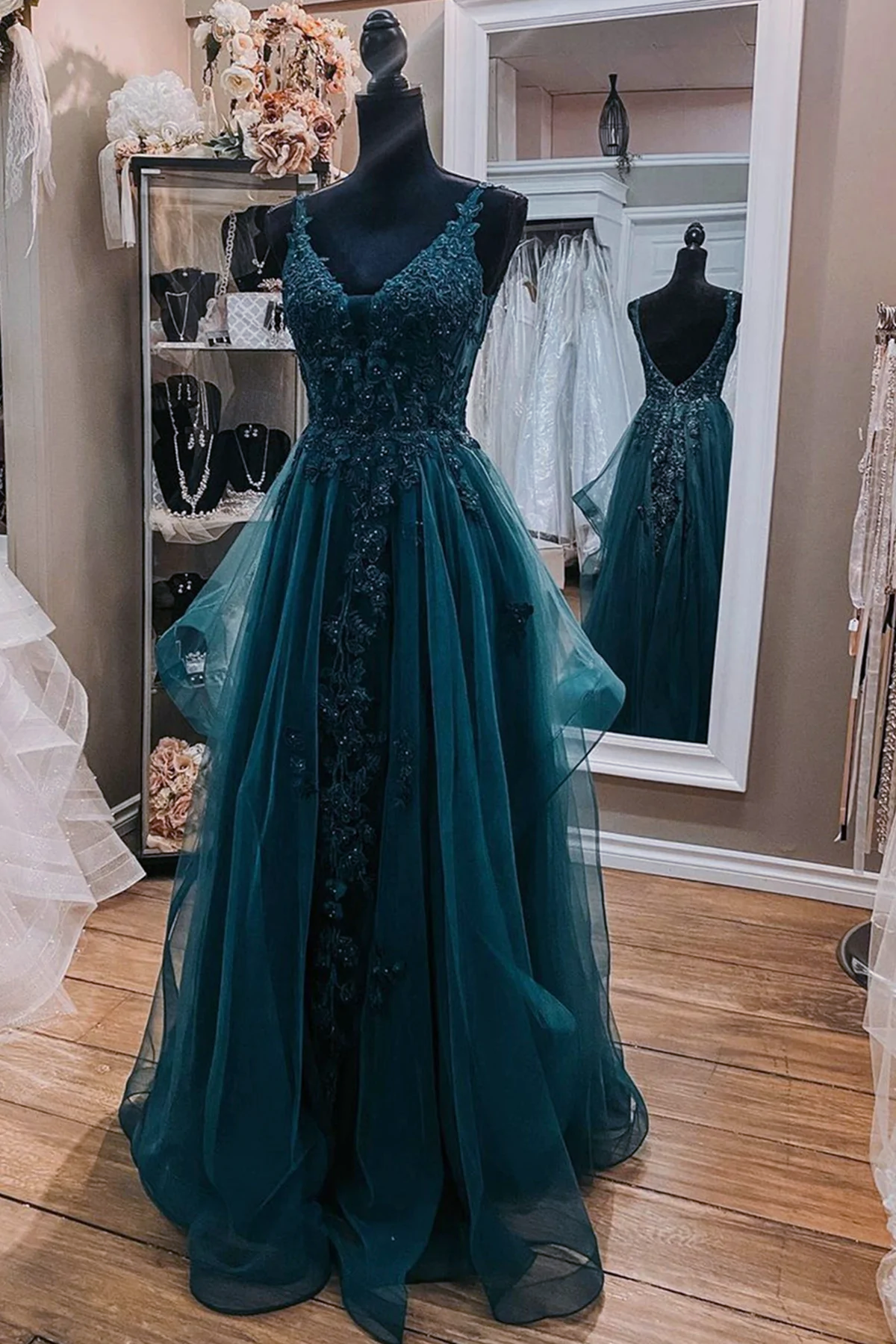 Solvbao Teal Blue Tulle V-neckline Long Party Dress with Lace, Teal Blue Long Prom Dress